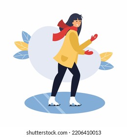 Happy woman is skating. Figure skating. Winter entertainment.