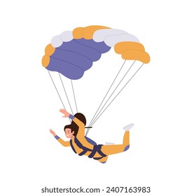 Happy woman skydiver cartoon character enjoying extreme parachuting sport recreation leisure