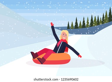happy woman sledding on snow rubber tube winter vacation activity concept snowy mountains fir tree forest landscape horizontal flat vector illustration