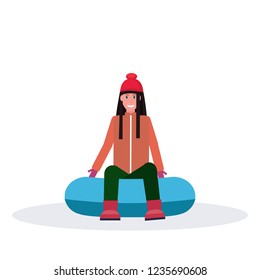 happy woman sledding on snow rubber tube winter vacation activity concept female cartoon character isolated flat