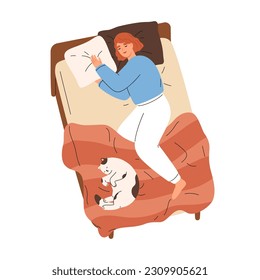 Happy woman sleeping in bed with cute cat asleep and lying together with her. Girl resting and dreaming on pillows. Sleepy pet owner, relaxing with kitty. Flat graphic illustration, top view.