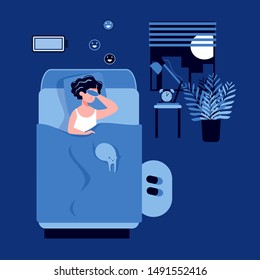 Happy woman sleeping in the bedroom at night with a fully charged battery and sleeping mask. Good healthy sleep concept. Sweet dreams. Good work of biological rhythms. Flat vector illustration. 