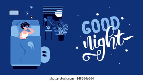 Happy woman sleeping in the bedroom at night with a fully charged battery and sleeping mask. Healthy sleep concept. Good night lettering. Flat vector illustration. Good work of biological rhythms.