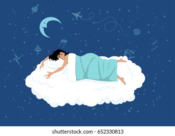 Happy woman sleeping on a cloud, night sky with dreamy symbols on the background, EPS 8 vector illustration, no transparencies