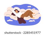 Happy woman sleeping on soft cloud. Girl lying, relaxing in sky, heaven, asleep. Healthy dream, rest. Relaxation, calmness concept. Flat graphic vector illustration isolated on white background