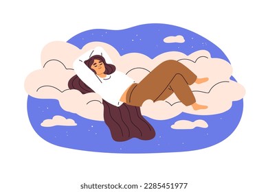 Happy woman sleeping on soft cloud. Girl lying, relaxing in sky, heaven, asleep. Healthy dream, rest. Relaxation, calmness concept. Flat graphic vector illustration isolated on white background - Shutterstock ID 2285451977