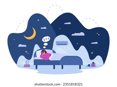 Happy woman sleeping under air conditioner vector illustration. Comfortable bed with pillows, sheets and blankets in cozy bedroom, alarm clock and tea kettle nearby. Sleep environment concept