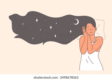Happy woman sleeps in bed and sees positive dreams and sky with view of stars in endless universe. Girl sleeps, resting before important day and smiles, enjoying rest on soft pillow