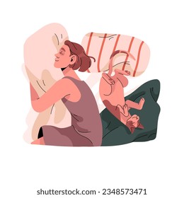 Happy woman sleeps with cat. Asleep person hug pillow, cute sphynx nap, people relax and lying in bed with kitten. Girl dream at night, top view. Flat isolated vector illustration on white background