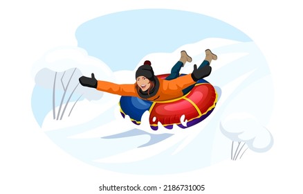 Happy woman slide down the hill on red, blue tubing. Smiling young girl riding on tubing extreme lying on stomach and hold hands to the sides. Cartoon Vector illustration Isolated on white
