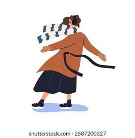 Happy woman sliding, ice skating on rink. Funny girl skater in scarf enjoying winter fun, holiday activity, sport leisure in cold weather. Flat vector illustration isolated on white background