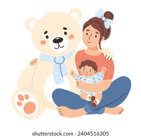 Happy woman with small child hugs large white teddy bear toy. Cute female character mother with baby. Vector illustration in flat style