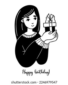 happy woman with small gift. happy birthday greeting. Vector illustration in style doodle. Female holiday character for design.