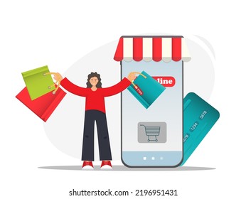 Happy woman with smartphone doing shopping online, online shopping concept, e-commerce, flash sale, discount, payment cashless, digital, flat illustration vector