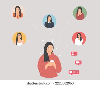  Mujer feliz con smartphone en la mano revisando sus cuentas de medios sociales. Concepto de ilustración vectorial de uso de medios sociales o marketing en línea.