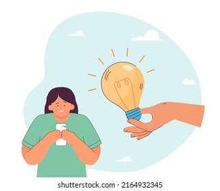 Happy woman with smartphone next to big hand holding lightbulb. Girl getting information or ideas from Internet flat vector illustration. Startup, innovation, creativity, technology concept for banner