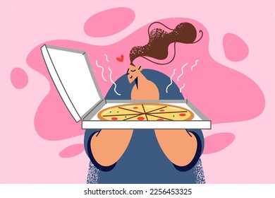 Happy woman smell tasty pizza in box. Smiling girl excited about fresh Italian fast food from takeaway. Meal delivery concept. Vector illustration. 