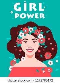 Happy woman smiling with flowers. Girl greeting card. Vector template for card, poster, flyer and showcase