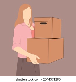 Happy woman smiling and holding package parcel box isolated, Delivery courier and shipping service concept vector illustration.