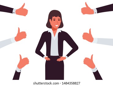 Happy woman smiling surrounded by hands with thumbs up. Adorable adult girl in office suit. Society approval, recognition, acceptance and admiration. Business success. Colorful vector in flat style