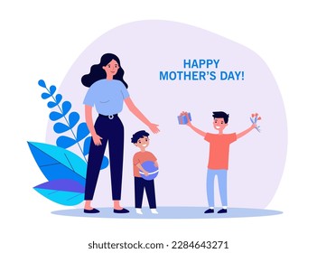 Happy woman with sons vector illustration. Children holding gifts and flowers, celebrating holiday with mother. Happy Mothers day, family, flowers, attention concept