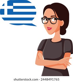 
Happy Woman Speaking Greek Language Vector Cartoon illustration. Linguistics professor teaching students a new language 

