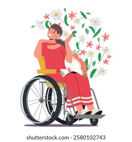 Happy woman with special needs sitting in wheelchair enjoying life beauty rejoicing life feeling positive emotions instead of frustration and refusal of physical disability vector illustration