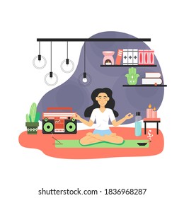 Happy woman spending time at home. Cute girl doing yoga sitting in lotus position, enjoying meditation, flat vector illustration. Home fitness, everyday workout routine, female yoga, healthy lifestyle