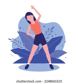 Happy woman sport activity. cartoon girl doing morning exercising at home. Fitness Workout Exercise flat modern illustration