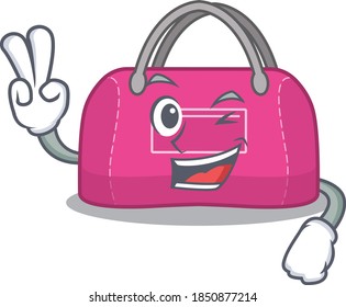 Happy woman sport bag cartoon design concept show two fingers