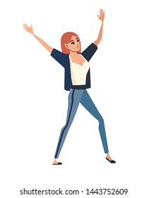 Happy woman in sport casual clothes with up raised arms cartoon character design flat vector illustration isolated on white background