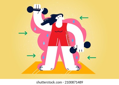 Happy woman in sportswear do sports lift dumbbells lose weight and diet. Smiling female exercise train for healthy toned body figure. Weightloss and physical activity. Flat vector illustration. 