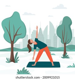 Happy woman in sportswear on outdoor yoga class in city park. Outdoor activity. Urban recreation concept, sport vector illustration