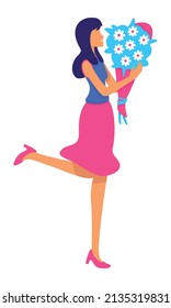 Happy woman with spring floral bouquet semi flat color vector character. Posing figure. Full body person on white. Pretty lady simple cartoon style illustration for web graphic design and animation