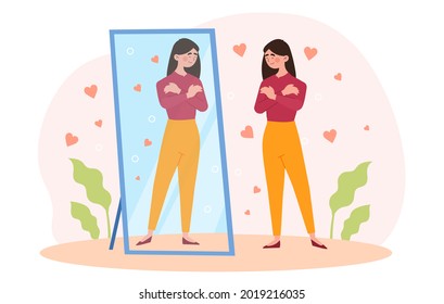 Happy woman stand before mirror and hug herself, narcissism, positive affirmations, body positive, self care, web banner. Flat cartoon illustration vector concept design isolated on white background svg