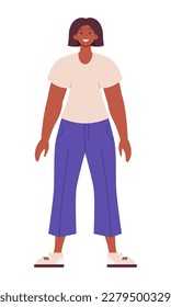 Mujer feliz con cuerpo entero. Retrato de una hermosa chica con una camiseta beige y pantalones morados que se aceptan y aman su cuerpo. Concepto bodypositivo y feminista. Listo para la animación. 