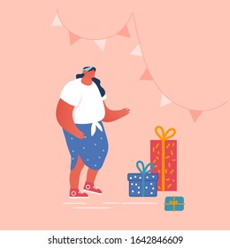 Happy Woman Stand near Wrapped Gift Boxes in Decorated Room Visiting Birthday Event or Baby Shower Party Celebration. Gift-Giving Ceremony in Honor of Child Appearance Cartoon Flat Vector Illustration