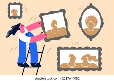 Happy woman stand on ladder hang frames with photos on wall decorate home. Smiling girl put photographs or relatives and family for house decoration. Love and bonding concept. Vector illustration. 