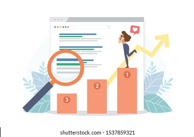 Happy woman stand on SEO top ranking dock. Google search screen with magnifier . Vector illustration flat design style. SEO, Search Engine Optimization, Top ranking Concept.