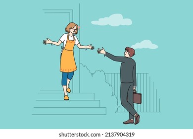 Happy woman stand on stairs meet husband coming home from work. Smiling housewife welcome man lover in own beautiful house. Couple and family relationship. Vector illustration. 