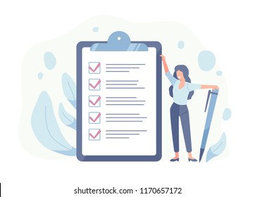 Happy woman standing beside giant check list and holding pen. Concept of successful completion of tasks, effective daily planning and time management. Vector illustration in flat cartoon style.