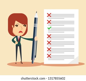 Happy woman standing beside giant check list and holding pen. Concept of successful completion of tasks, effective daily planning and time management. Vector illustration in flat cartoon style.