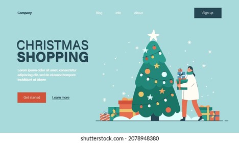 Happy woman standing with christmas presents near tree. Person in winter clothes on snowy background landing page template. Christmas shopping and sale concept. Modern flat vector illustration