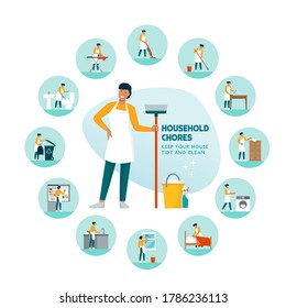 Happy woman standing with cleaning equipment and household chores icons, housekeeping and lifestyle concept