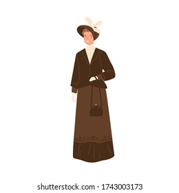 Happy woman standing in daily apparel of 1900s style vector flat illustration. Trendy smiling female wearing retro dress, hat and handbag isolated on white. Historical fashion of 19th century