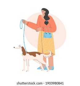 Happy woman standing with dog and holding leash. Young girl walking with puppy isolated on white background. Owner with domestic animal. Vector character illustration of pet care and training