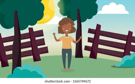 happy woman standing in front wooden fence outdoors vector illustration