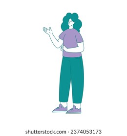 Happy Woman Standing Gesturing with Her Hand Vector Illustration