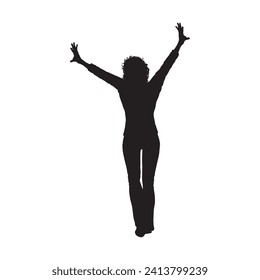 HAPPY woman standing with hand BACK side view, isolated vector silhouette