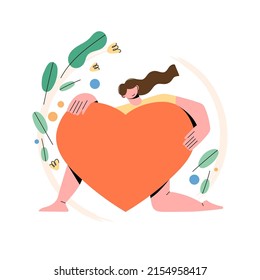 Happy woman standing holding a big red heart surrounded by leaves and flowers. The concept of mental health, self care, therapy and acceptance. Vector illustration of a healthy lifestyle.